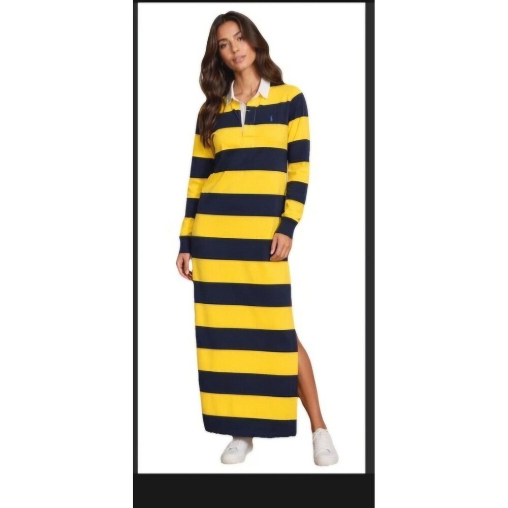Polo Ralph Lauren Women's Rugby Long Dress Size Large Blue Yellow Stripe Preppy